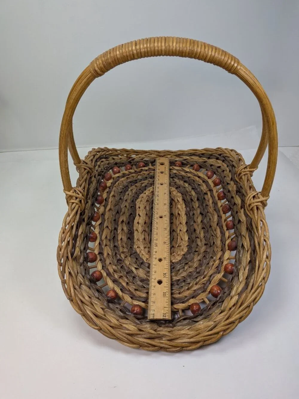Vintage Woven Two-Tone Scoop Basket Wooden Bead Accent Overhead Handle